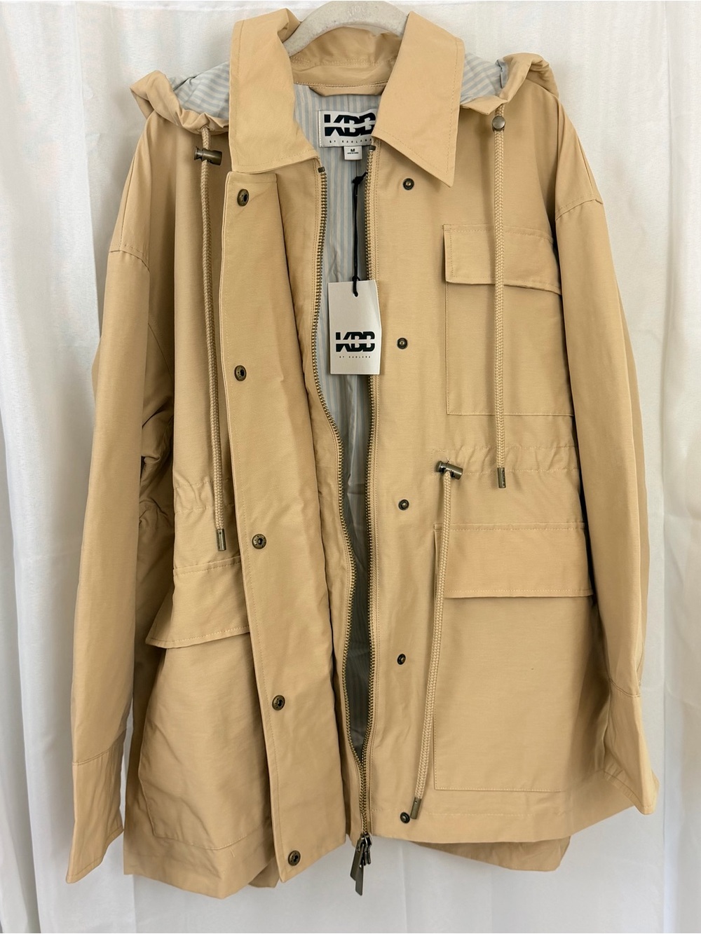 Women's Hooded Anorak Drawstring Waist Utility Oversized Jacket -Tan Medium NWT - Picture 7 of 11